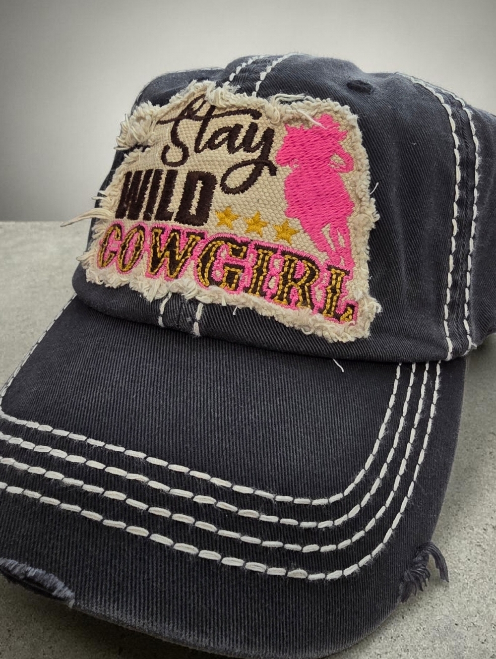 Stay Wild Cowgirl Embroidered Pink Accent Distressed Baseball Cap
